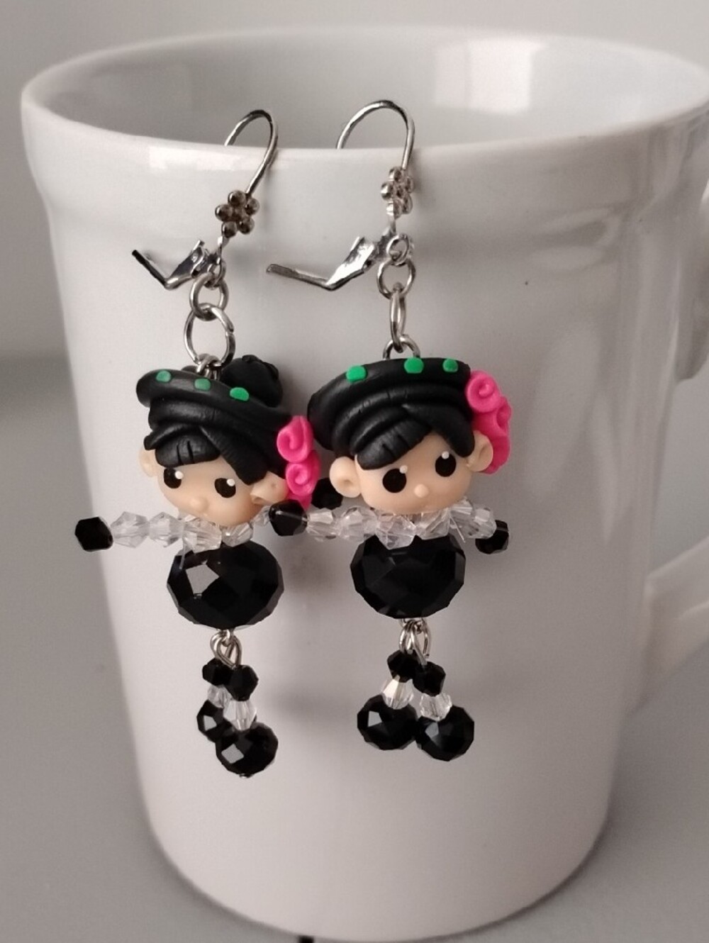 Black Beaded Doll Drop Earrings with Pink Flower Accent